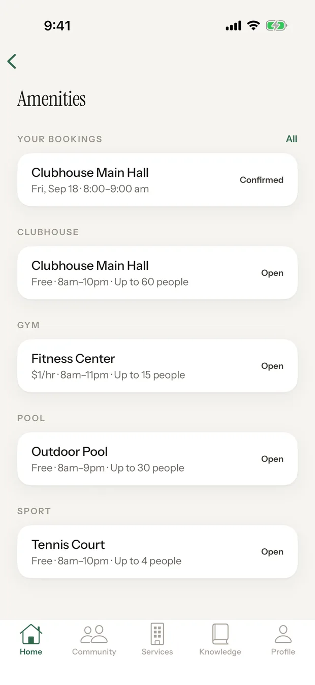 The Amenities screen: a confirmed clubhouse booking, then the clubhouse, fitness center, pool and tennis court with their hours, price and capacity.