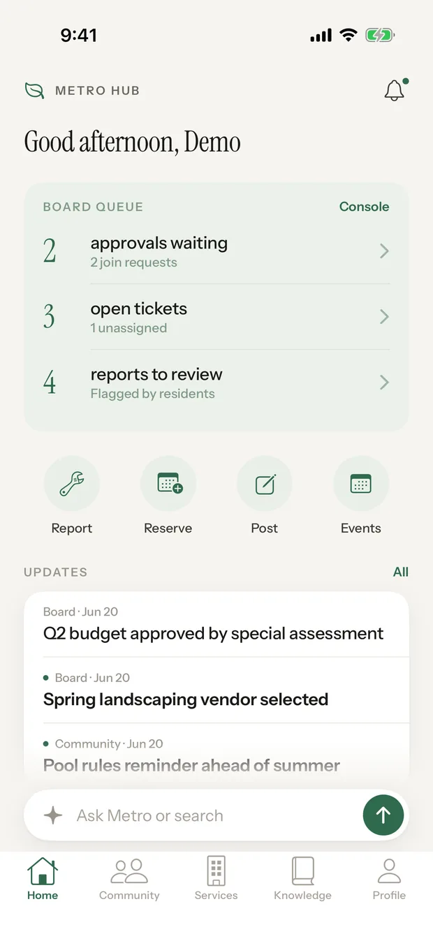 The Metro Hub home screen: a board queue, quick actions to report, reserve, post and browse events, recent updates, and an Ask Metro search bar.