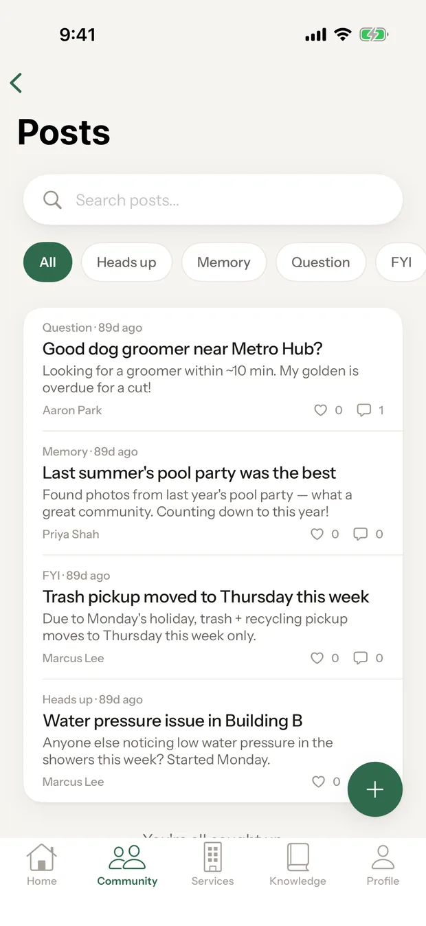 The Community tab, showing neighbours' posts filtered by Heads up, Memory, Question and FYI.